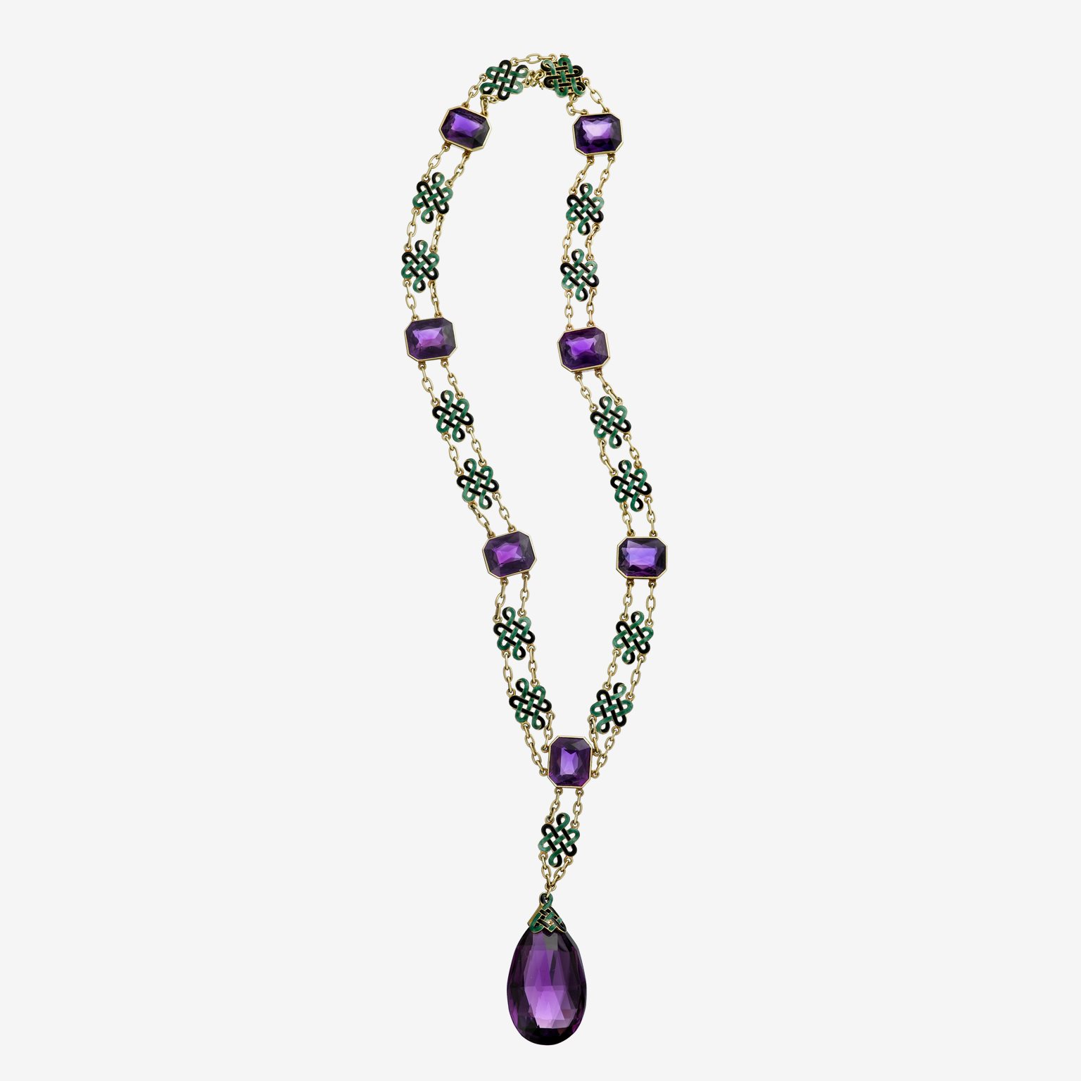 An Arts & Crafts amethyst, enamel and fourteen karat gold necklace set with rectangular-cut amethysts and a briolette-cut amethyst drop. Sold at Freeman's for $9,100