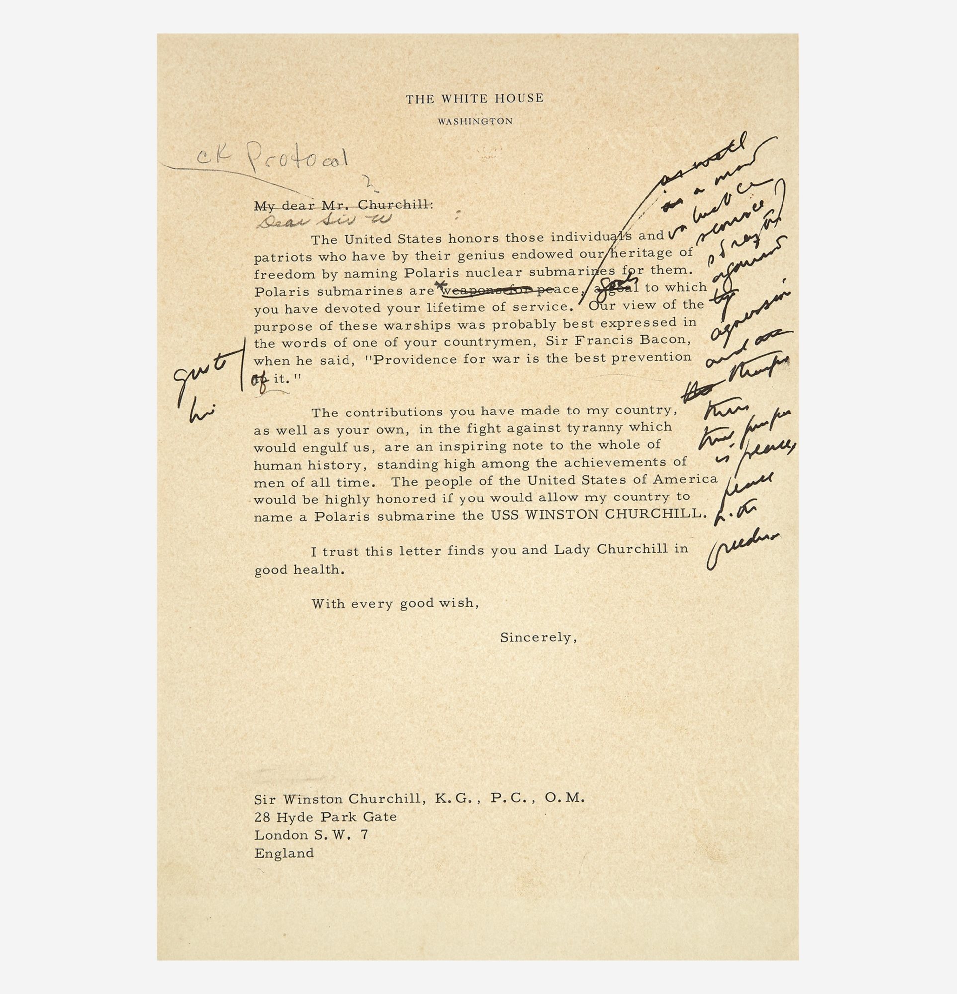 [Presidential] [Churchill, Winston] Kennedy, John F. Typed Draft Letter, annotated