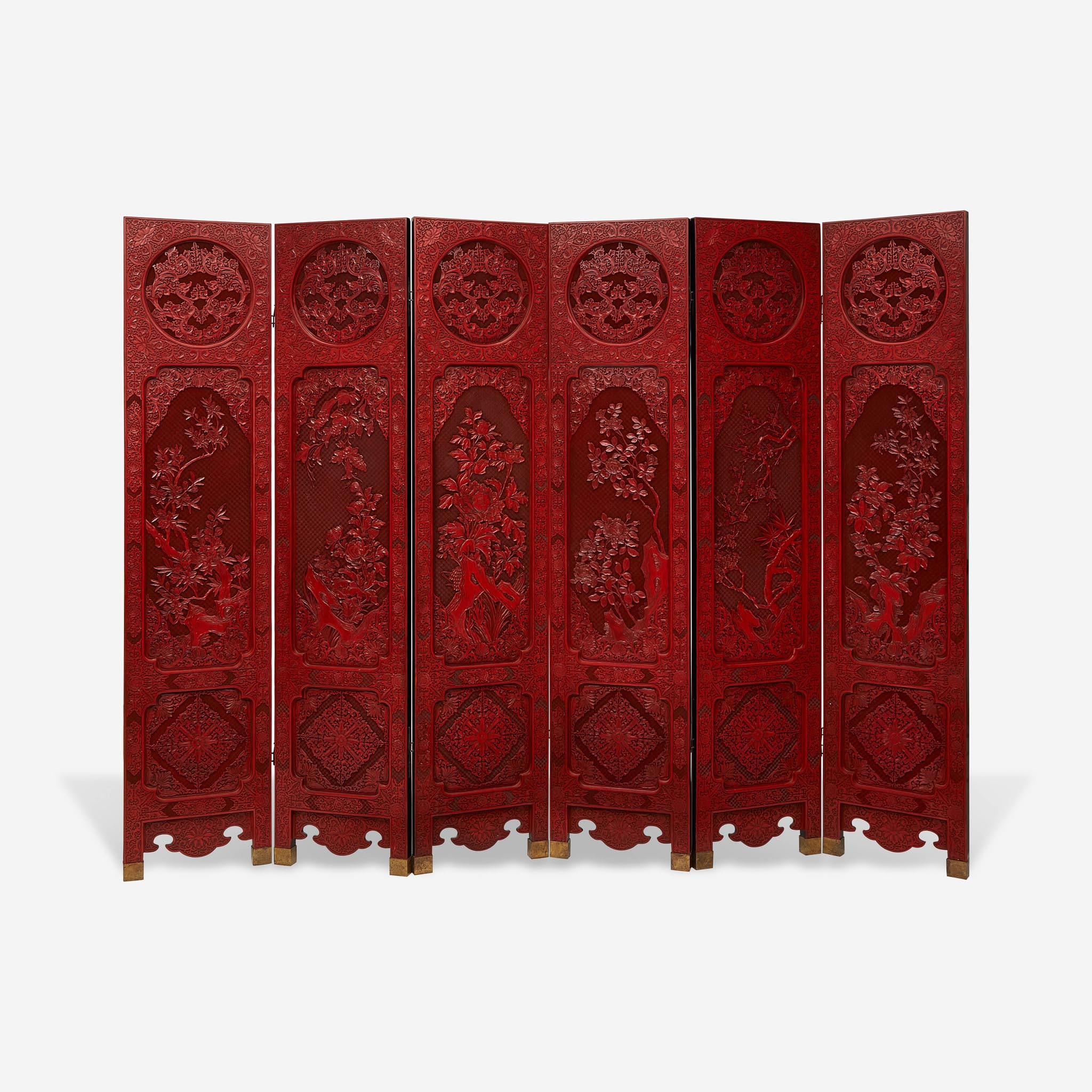 Chinese six-panel cinnabar lacquer wood screen