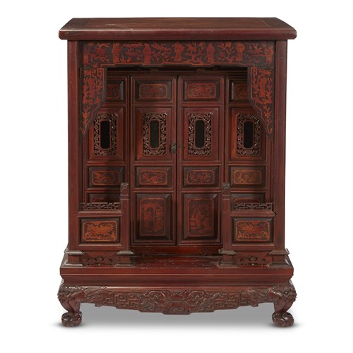 Lot 240 - A Chinese inlaid, carved and stained softwood altar cabinet