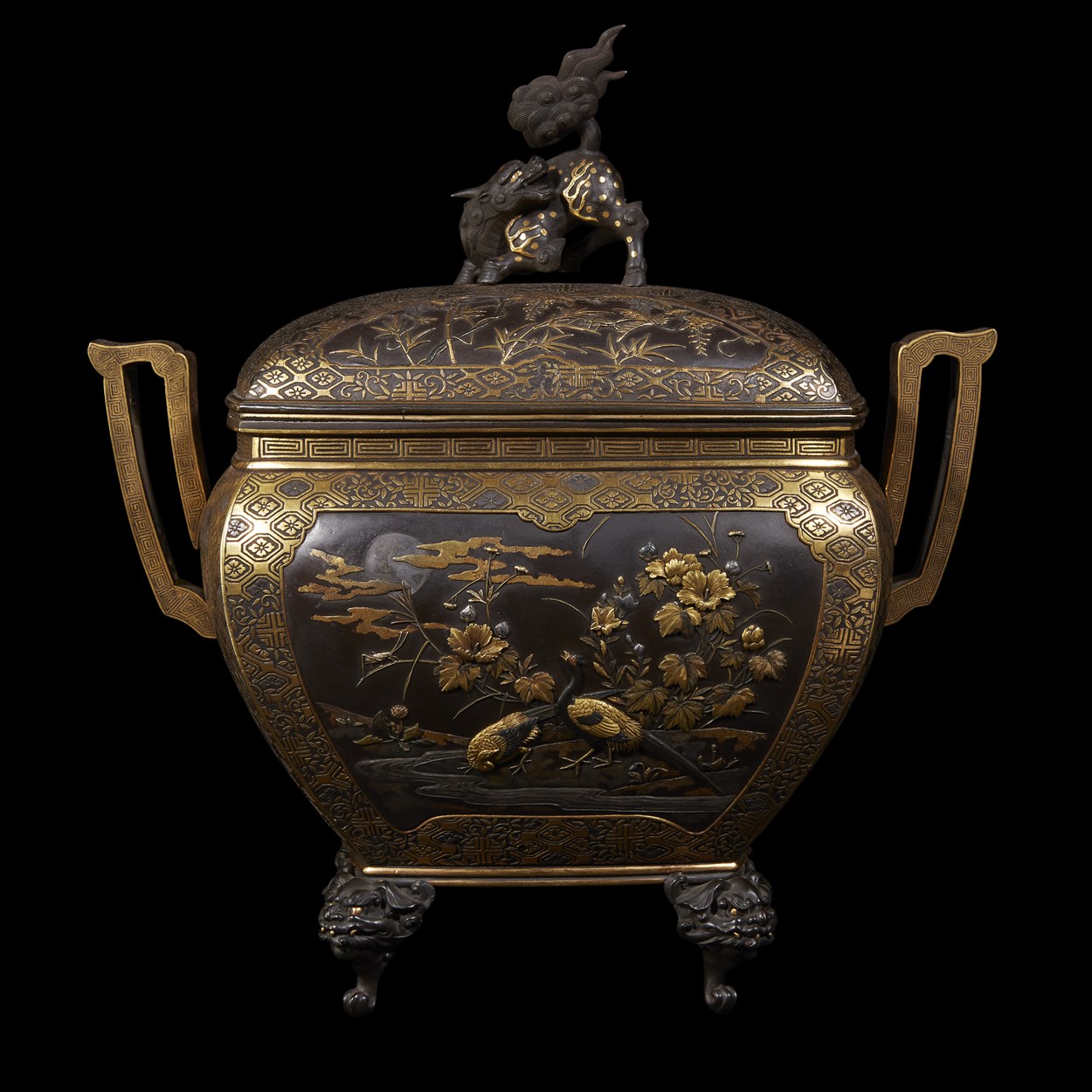 Lot 116 - An impressive Japanese parcel gilt and mixed metal patinated bronze koro and cover