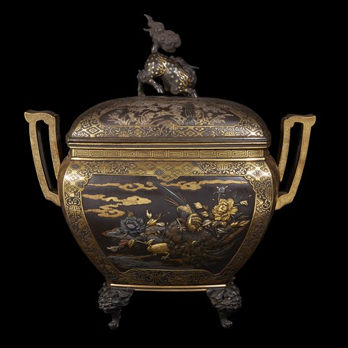Lot 116 - An impressive Japanese parcel gilt and mixed metal patinated bronze koro and cover