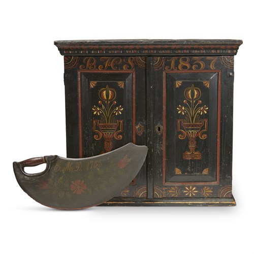 Lot 51 - Paint-decorated wall cupboard and dough scraper