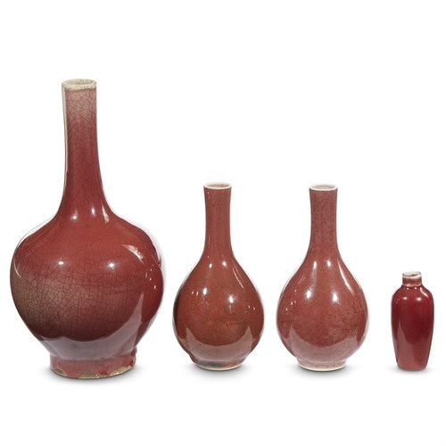 Lot 147 - Three Chinese copper red-glazed vases and a snuff bottle