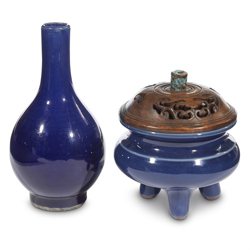Lot 151 - A small Chinese cobalt blue-glazed tripod censer and a small bottle vase
