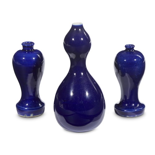 Lot 152 - A group of three small Chinese cobalt blue-glazed vases
