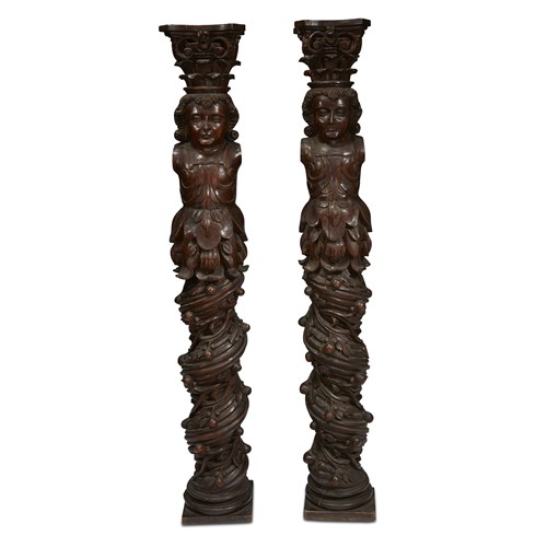 Lot 12 - A PAIR OF WILLIAM & MARY CARVED OAK FIGURAL SOLOMONIC COLUMNS