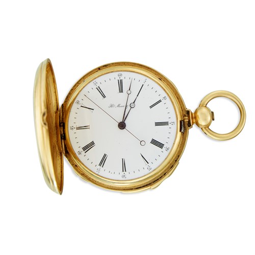 Lot 73 - An eighteen karat gold hunter cased repeating pocket watch, H. Moser