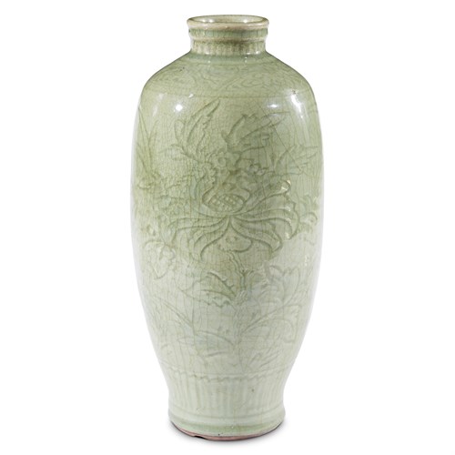 Lot 66 - A Chinese incised Longquan celadon tall vase