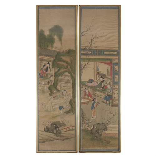 Lot 175 - A set of six Chinese screen panels depicting meiren at various pursuits