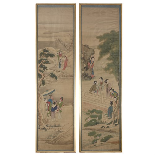 Lot 175 - A set of six Chinese screen panels depicting meiren at various pursuits