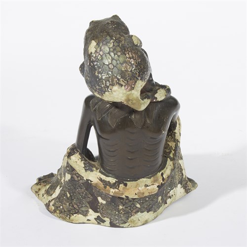 Lot 85 - An unusual mother of pearl-embellished lacquered bronze figure of Liu Hai and toad