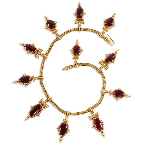 Lot 1 - An Etruscan Revival gold and garnet necklace, Pierret