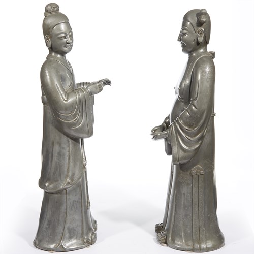 Lot 89 - A pair of finely cast and engraved Chinese pewter figures