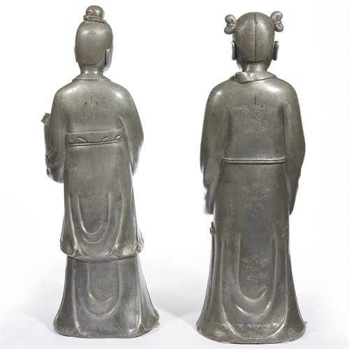 Lot 176 - A pair of finely cast and engraved Chinese pewter figures