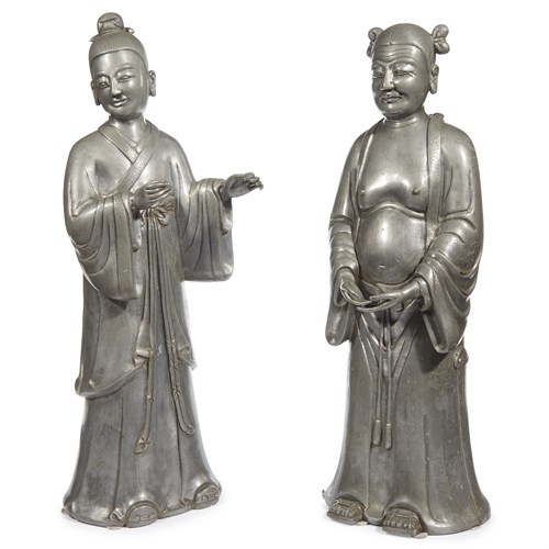 Lot 176 - A pair of finely cast and engraved Chinese pewter figures