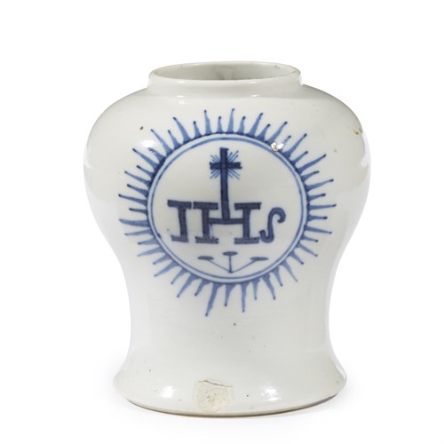 Lot 112 - A small Chinese blue and white porcelain jar with Jesuit monogram