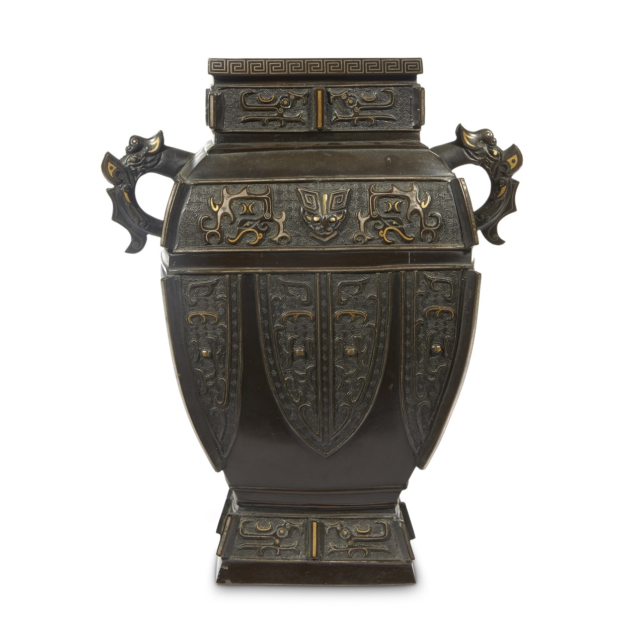 Lot 173 - A Chinese archaistic bronze vase, fanggu, with gold and silver inlay