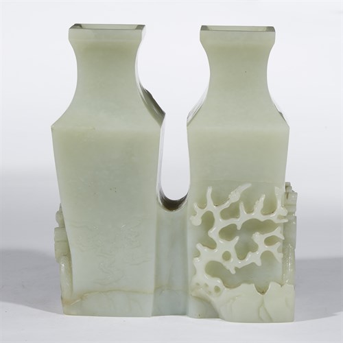Lot 278 - A Chinese carved celadon jade double vase with high relief phoenix decoration