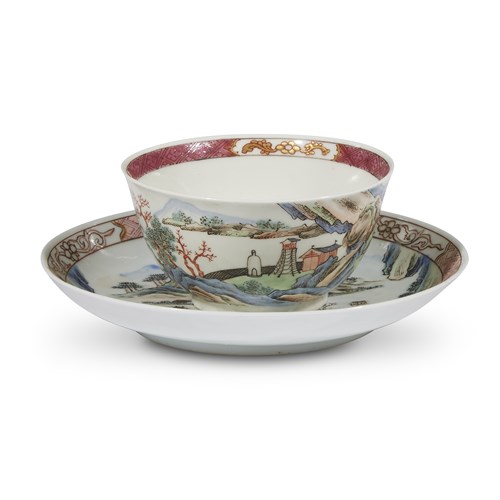 Lot 127 - A Chinoiserie "Landscape" tea bowl, possibly Worcester, together with a similar Chinese export porcelain saucer