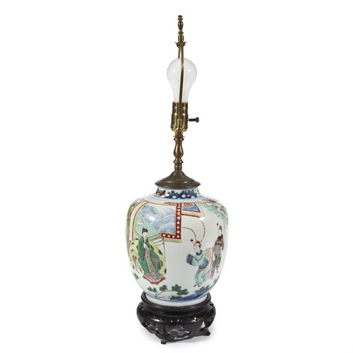 Lot 93 - A Chinese wucai-decorated porcelain jar, now mounted as a lamp