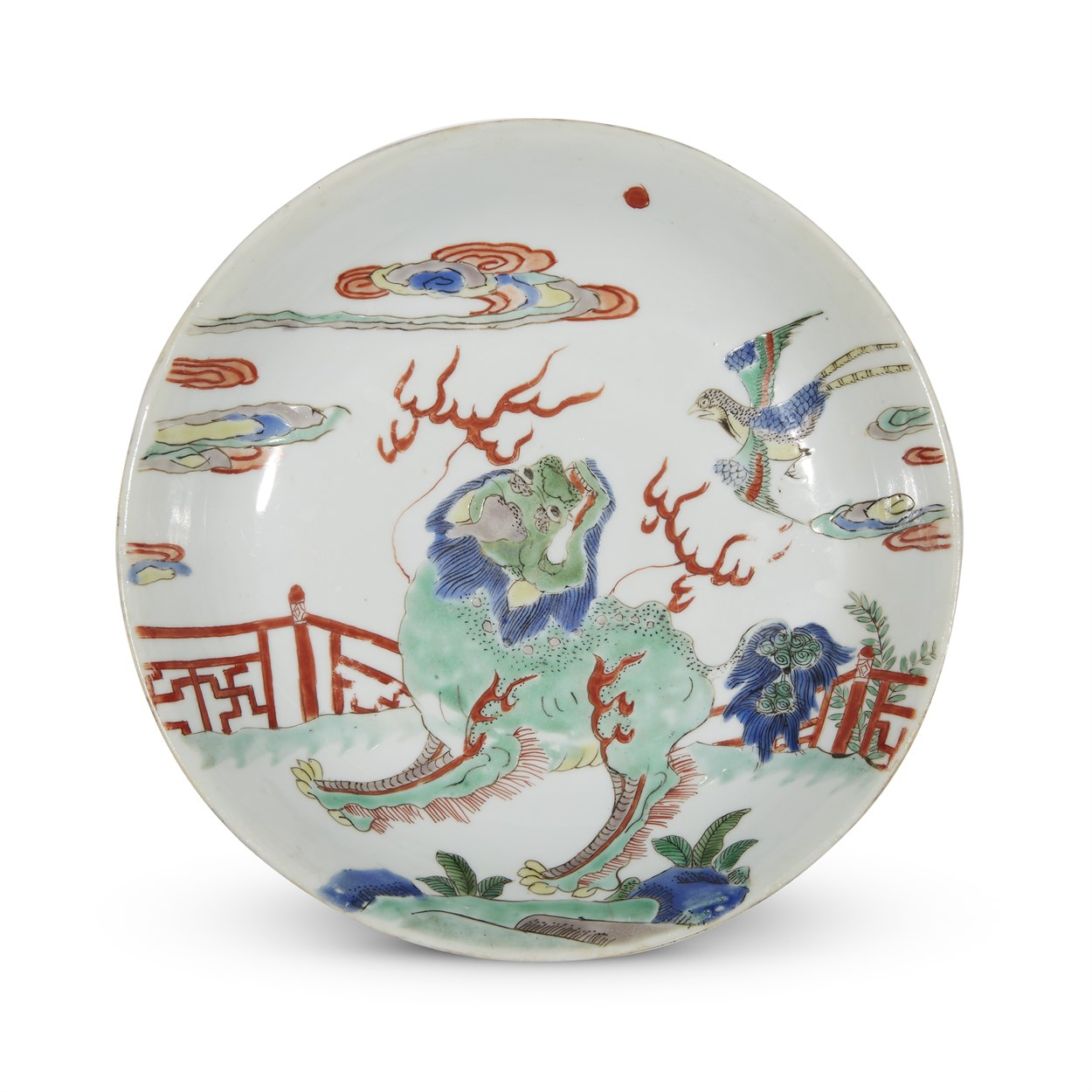 Lot 102 - Pair of Chinese famille verte-decorated porcelain "Qilin" dishes