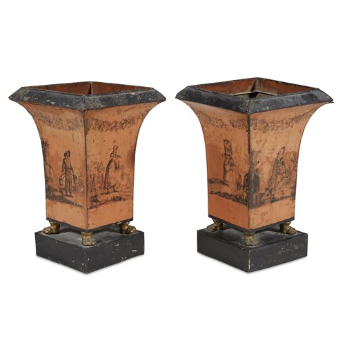 Lot 59 - A pair of Regency tôle peinte vases on cast paw form feet
