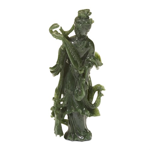 Lot 280 - A well-carved Chinese spinach jade figure of a meiren with lute