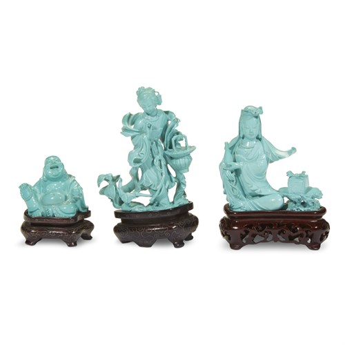 Lot 275 - Three well-carved Chinese small turquoise figures