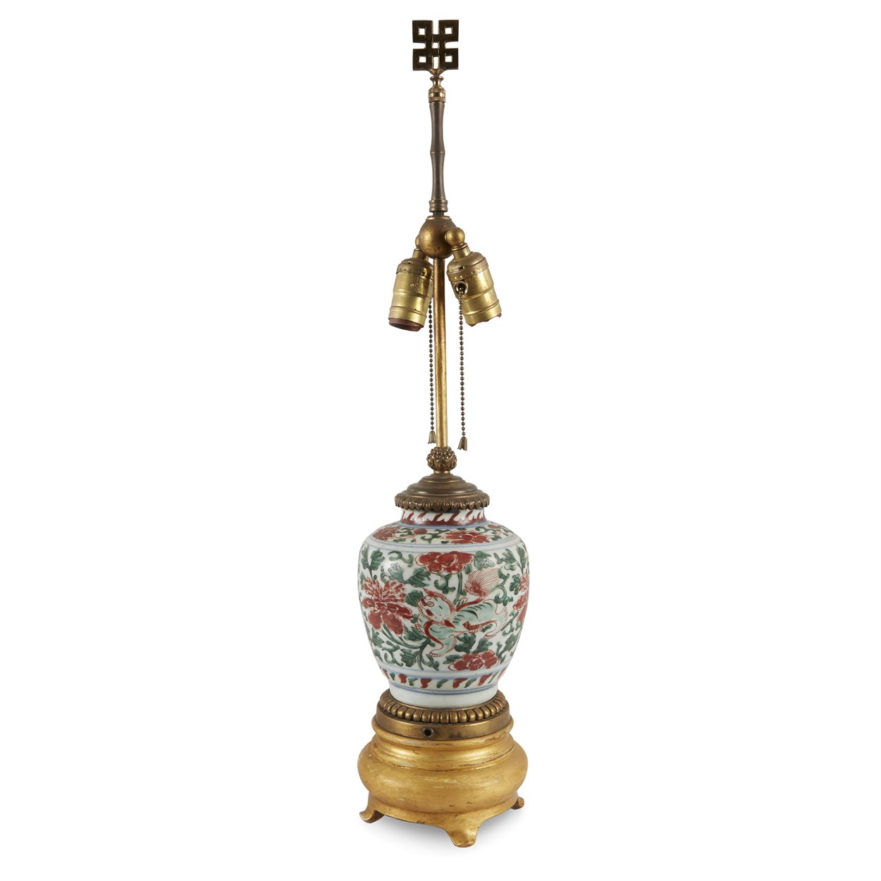 Lot 94 - A Chinese wucai-decorated porcelain "Lions and Peonies" jar, now mounted as a lamp