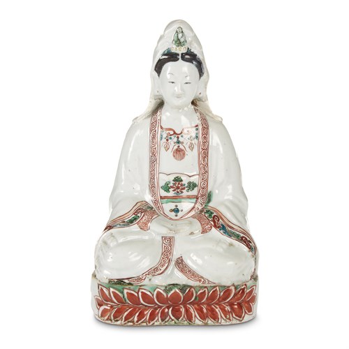 Lot 95 - A Chinese famille verte-decorated porcelain Guanyin