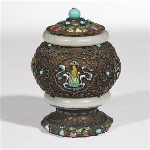 Lot 223 - A Chinese parcel-gilt silver, enamel, and jadeite box and cover