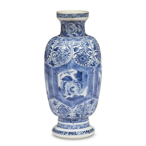 Lot 97 - A Chinese blue and white porcelain vase, decorated with panels of mythical creatures