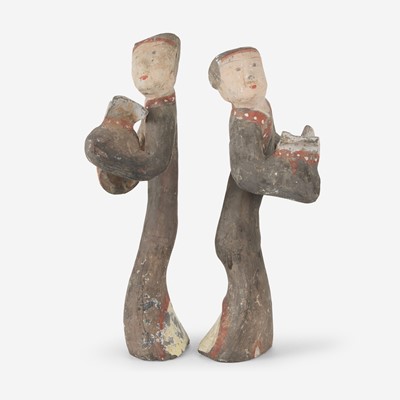 Lot 8 - A pair of Chinese painted grey pottery figures of dancers