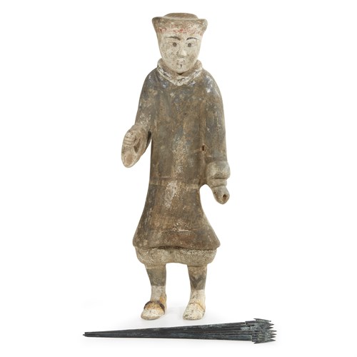 Lot 12 - A Chinese painted grey pottery figure of a warrior with bronze spears
