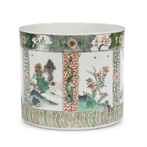 Lot 104 - A Kangxi style famille verte-decorated cylindrical brush pot