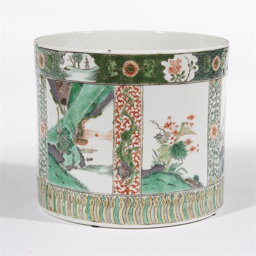 Lot 104 - A Kangxi style famille verte-decorated cylindrical brush pot