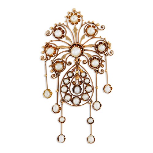 Lot 19 - An antique fourteen karat gold pearl tassel brooch