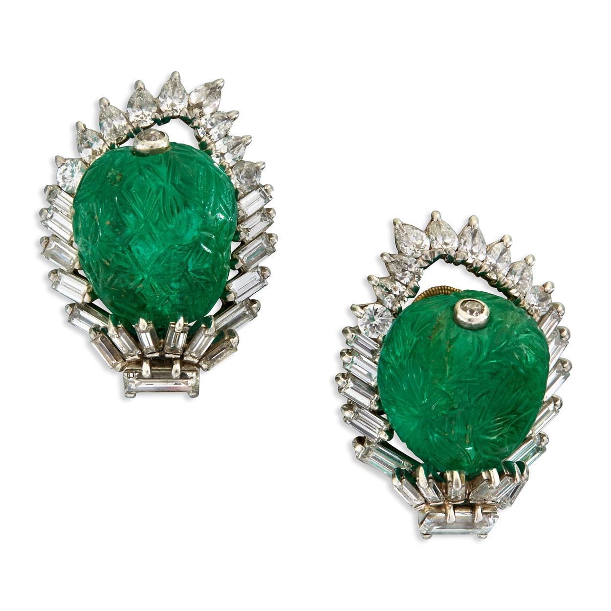 Lot 171 - A pair of carved emerald, diamond, and platinum ear clips, Monture Cartier