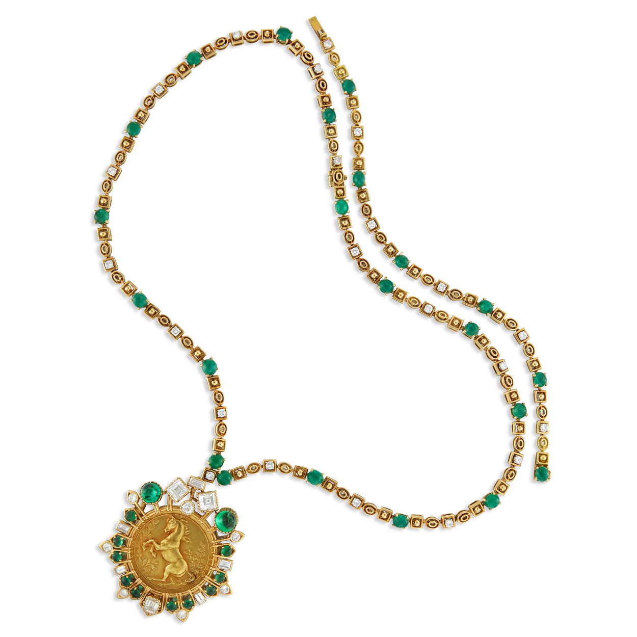 Lot 69 - An emerald, diamond, and eighteen karat gold necklace, bracelet and medallion