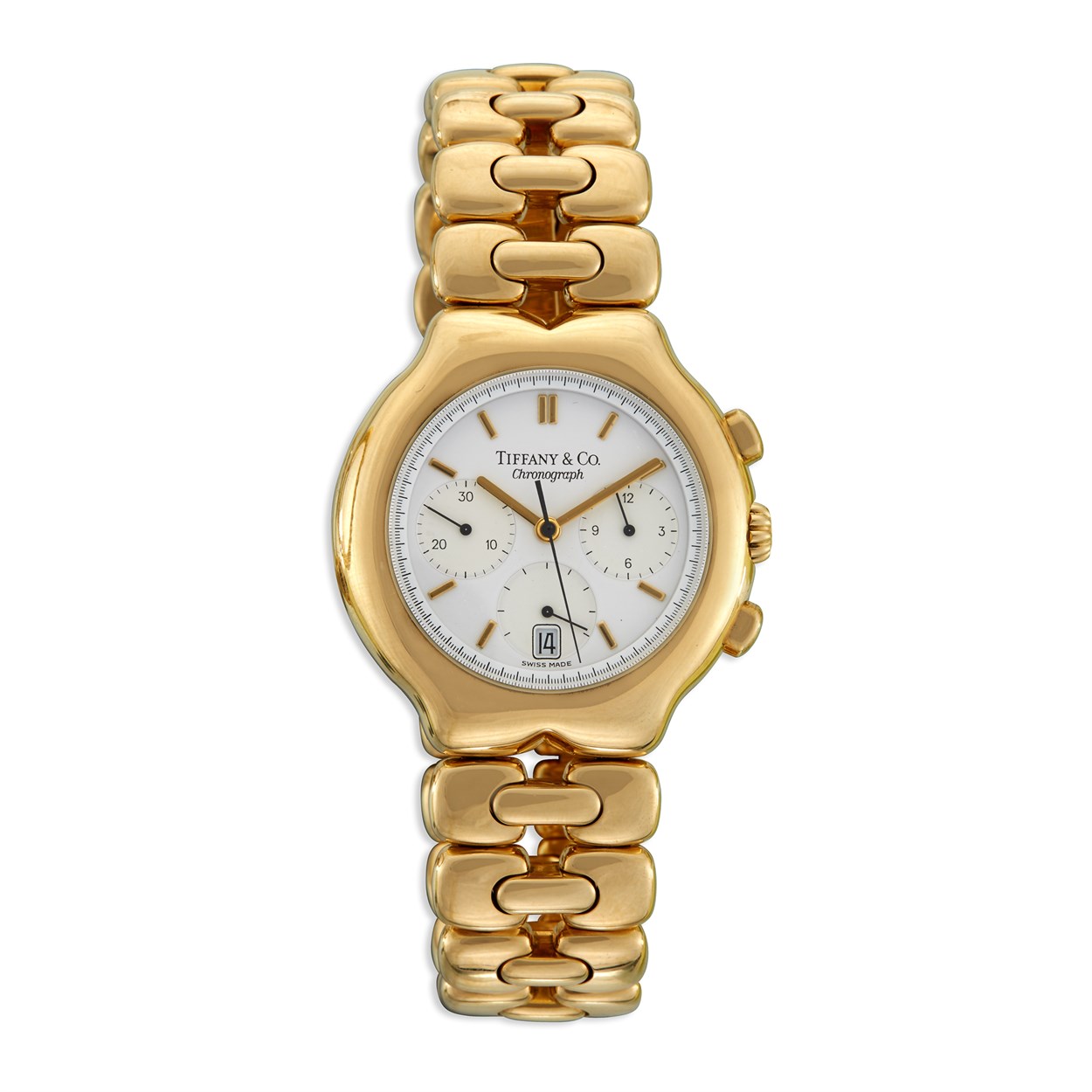 Lot 72 - An eighteen karat gold chronograph bracelet watch with date, Tiffany & Co.
