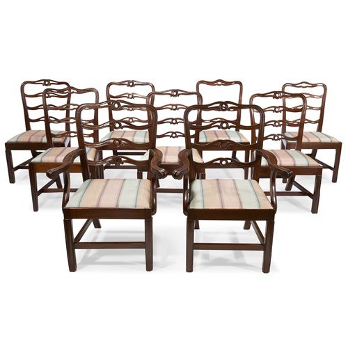 Lot 5 - A set of nine George III style mahogany ribbon-back dining chairs