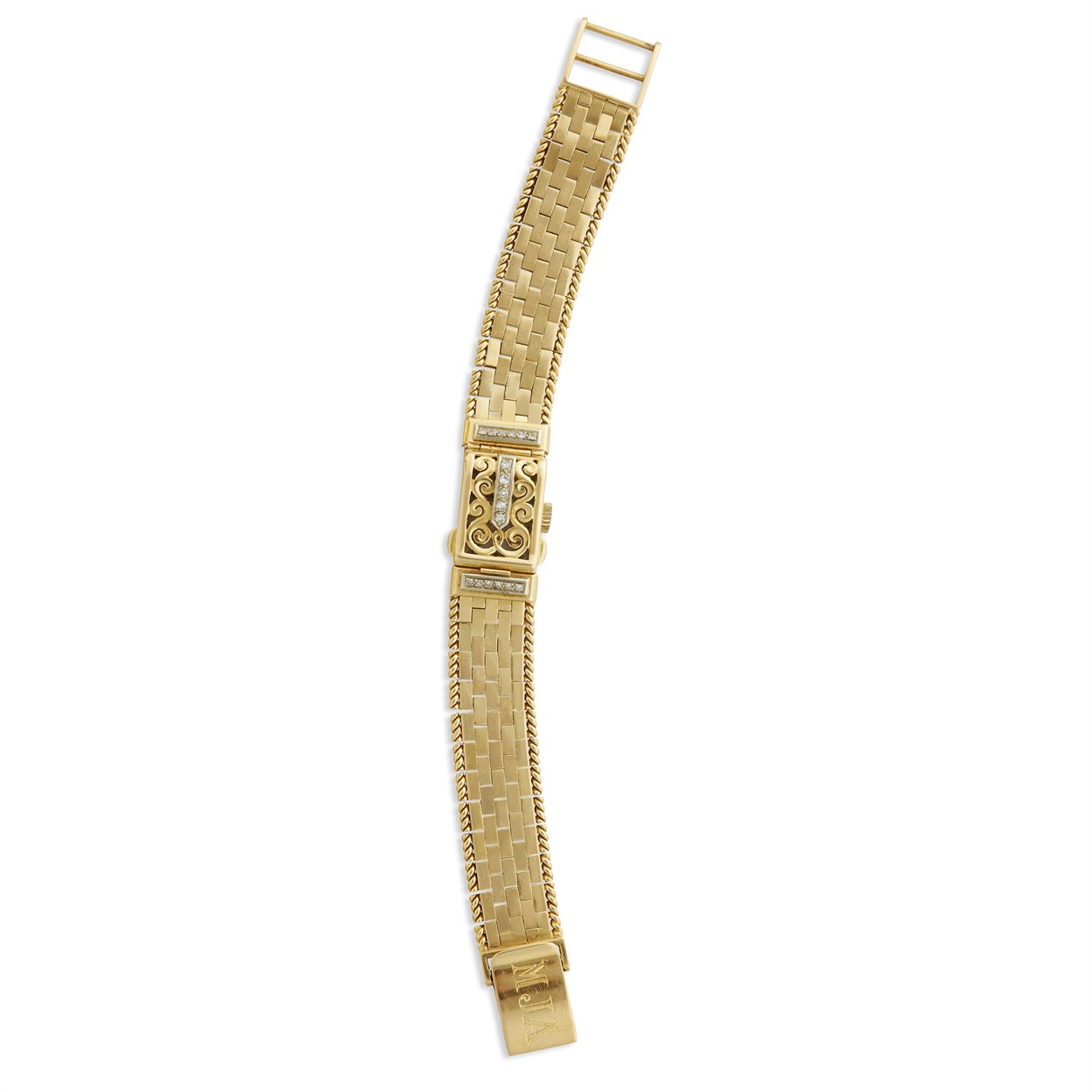 Lot 64 - An eighteen karat gold and diamond covered dial bracelet watch, Bucherer