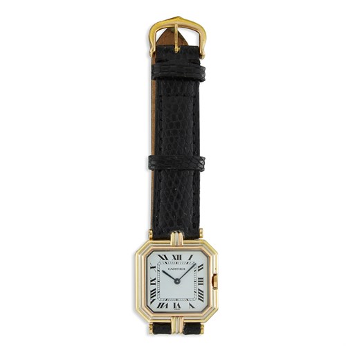 Lot 148 - An eighteen karat tri-color gold strap watch, Cartier