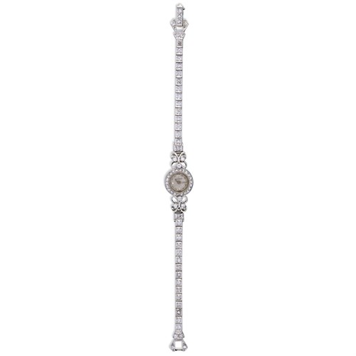 Lot 35 - A diamond and platinum bracelet wristwatch, Jaeger LeCoultre