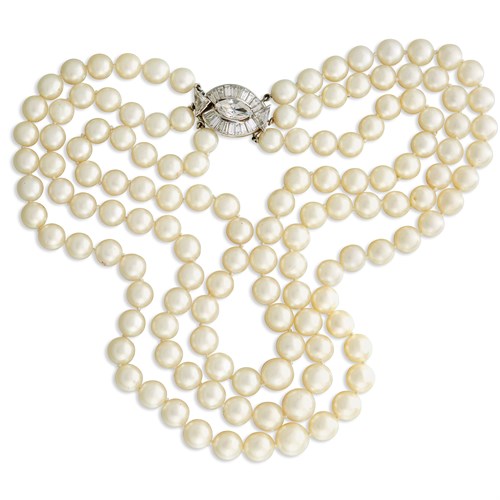 Lot 145 - A cultured pearl, diamond, white stone, and fourteen karat gold necklace