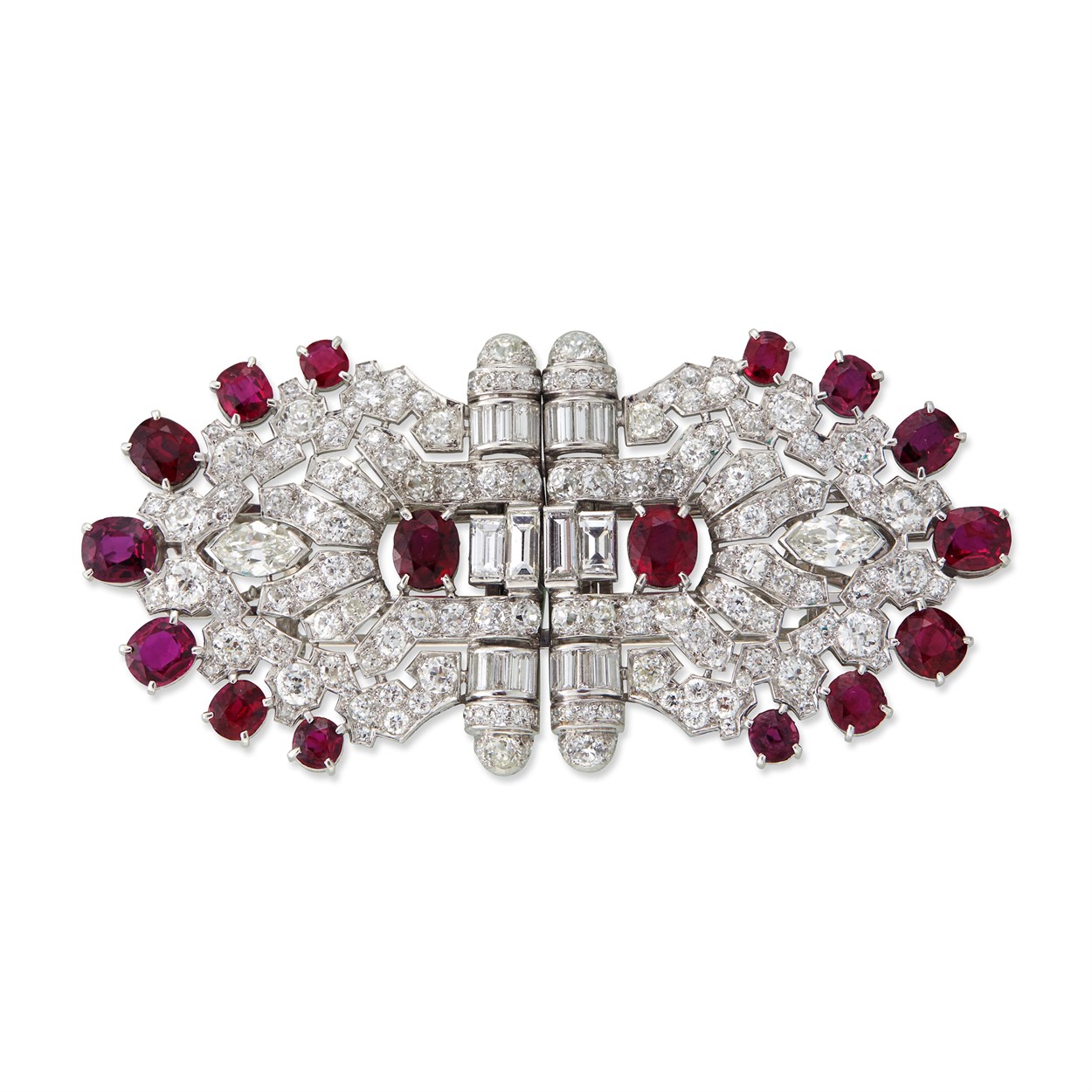 Lot 122 - A Pair of Art Deco Ruby, Diamond, and Platinum Dress Clips