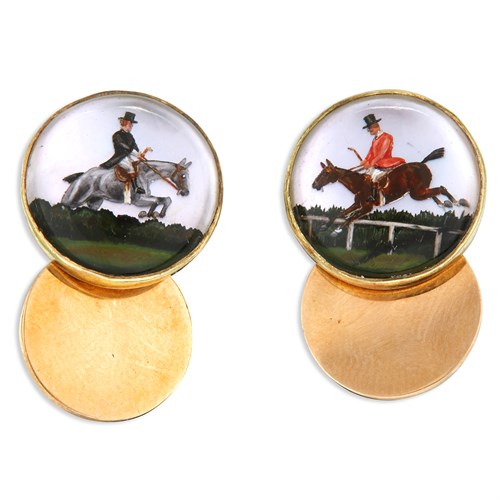 Lot 7 - A pair of reverse painted crystal cufflinks and brooch