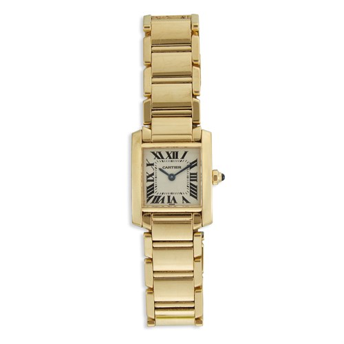 Lot 86 - A lady's eighteen karat gold bracelet watch, Cartier