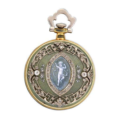 Lot 165 - A lady's eighteen karat gold, platinum, enamel, and diamond open face pocket watch, Longines